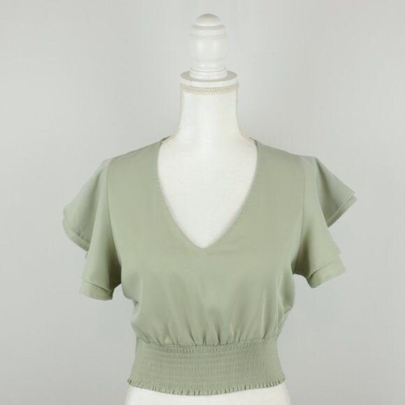 Feel In Women's Small Green Woven V-Neck Flutter Sleeve Shirred Blouse - Picture 1 of 8